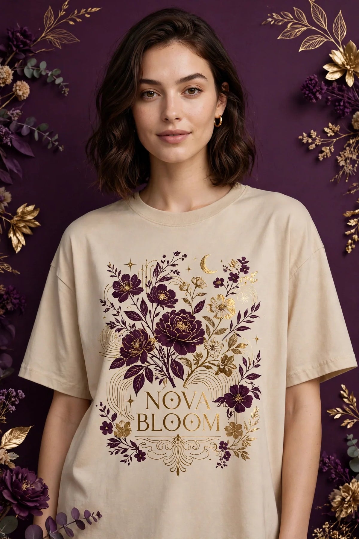 Woman wearing Beige Women's Oversized Street Graphic Tee