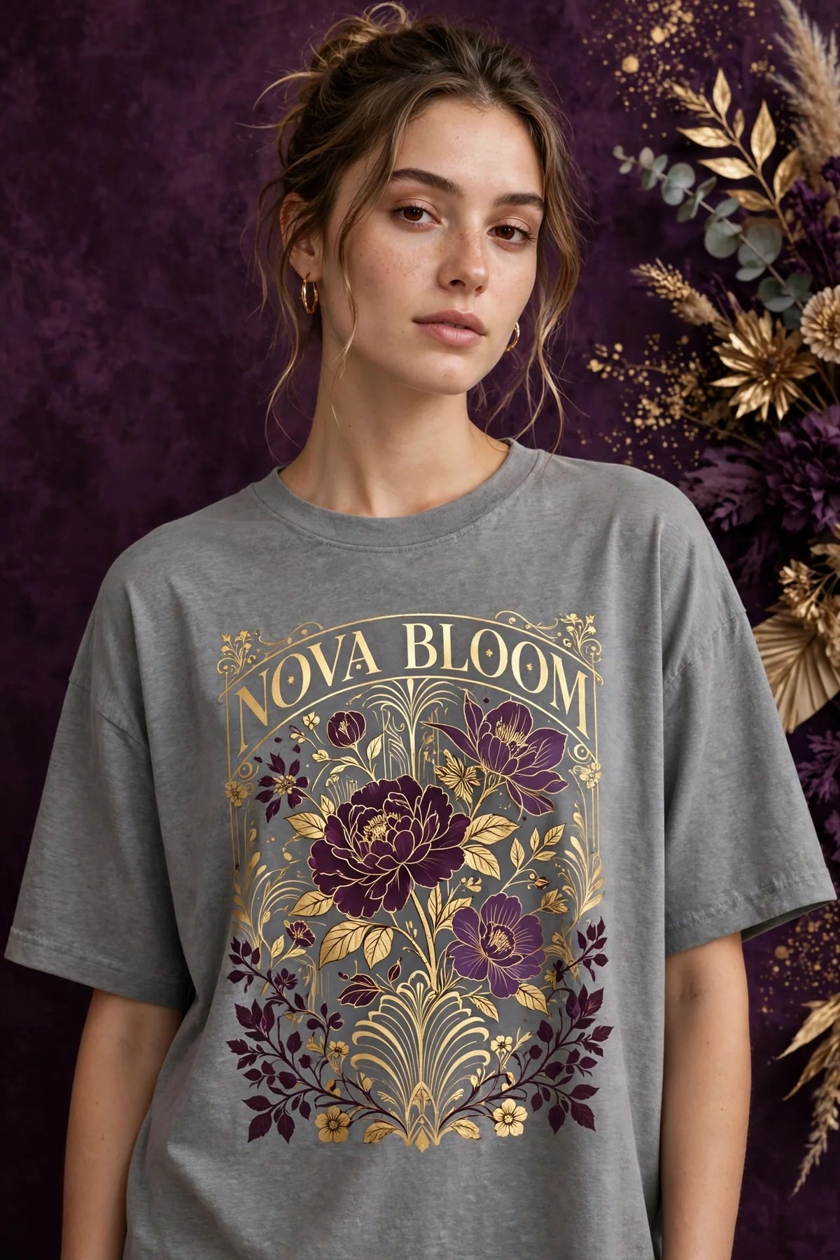 Woman wearing Grey Women's Oversized Street Graphic Tee