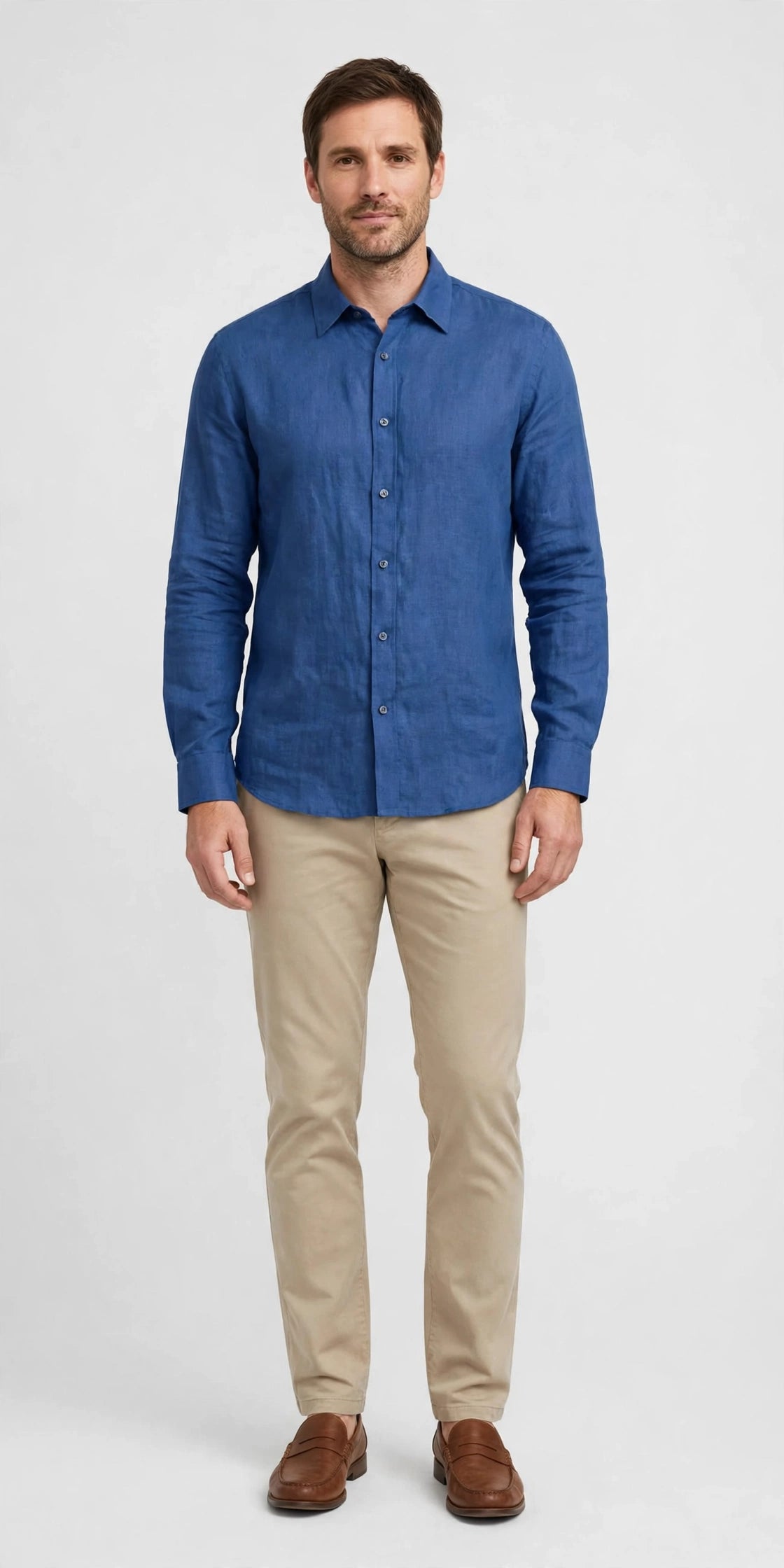 Person wearing Blue Beige Linen Shirt