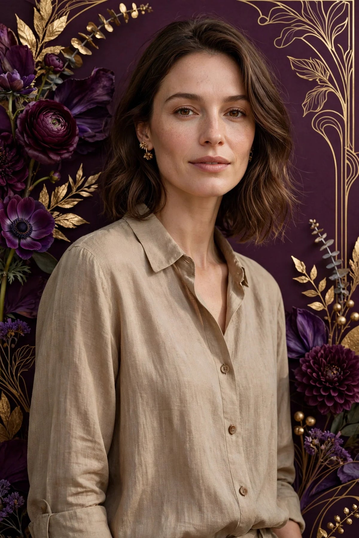 Person wearing Brown Beige Linen Blouse