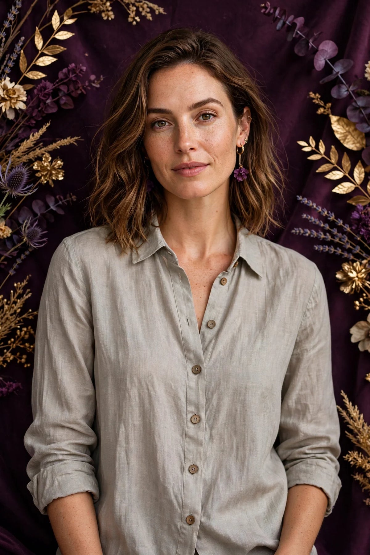 Person wearing Grey Beige Linen Blouse