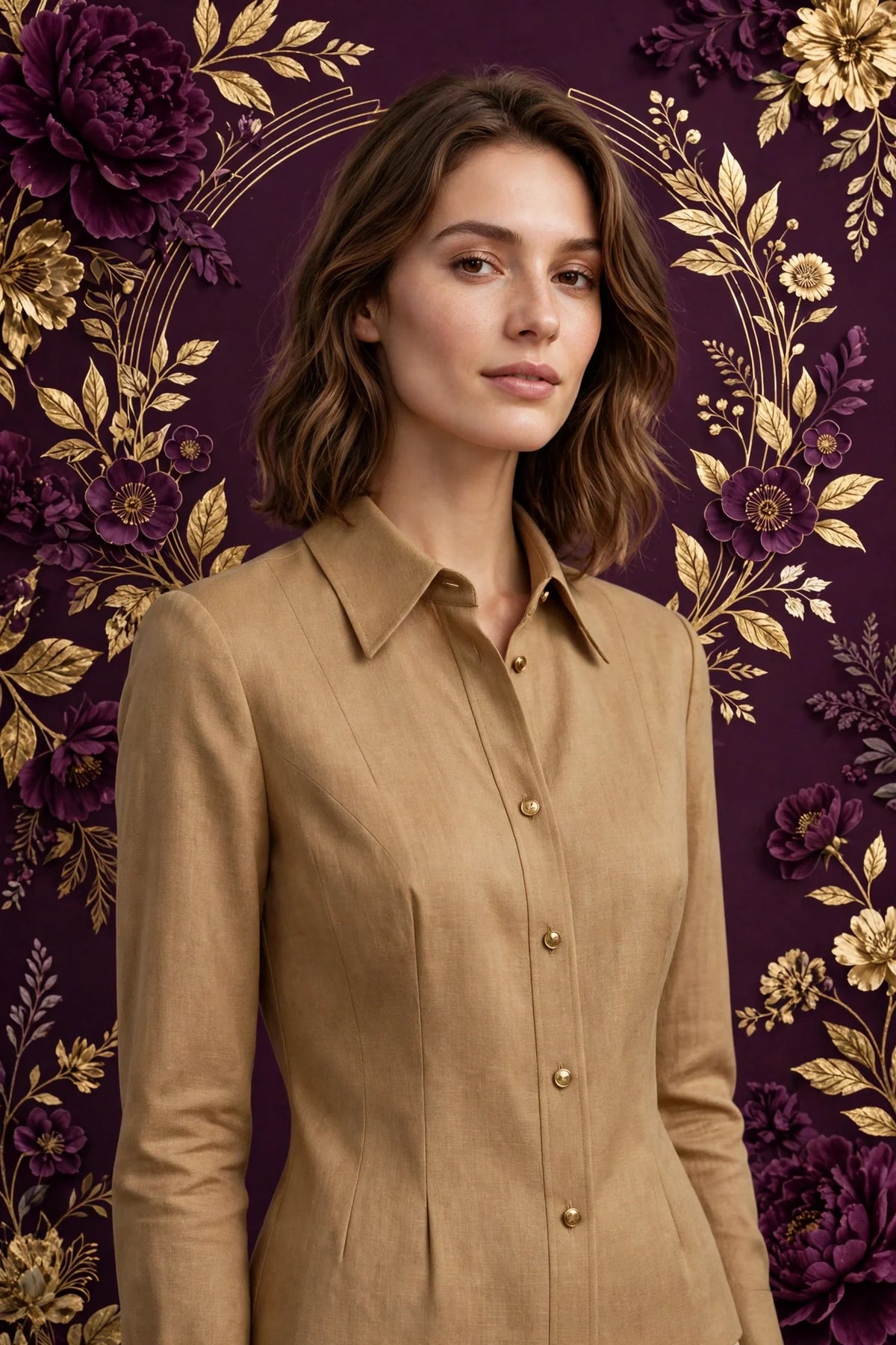 Person wearing Gold Warm sand tailored blouse