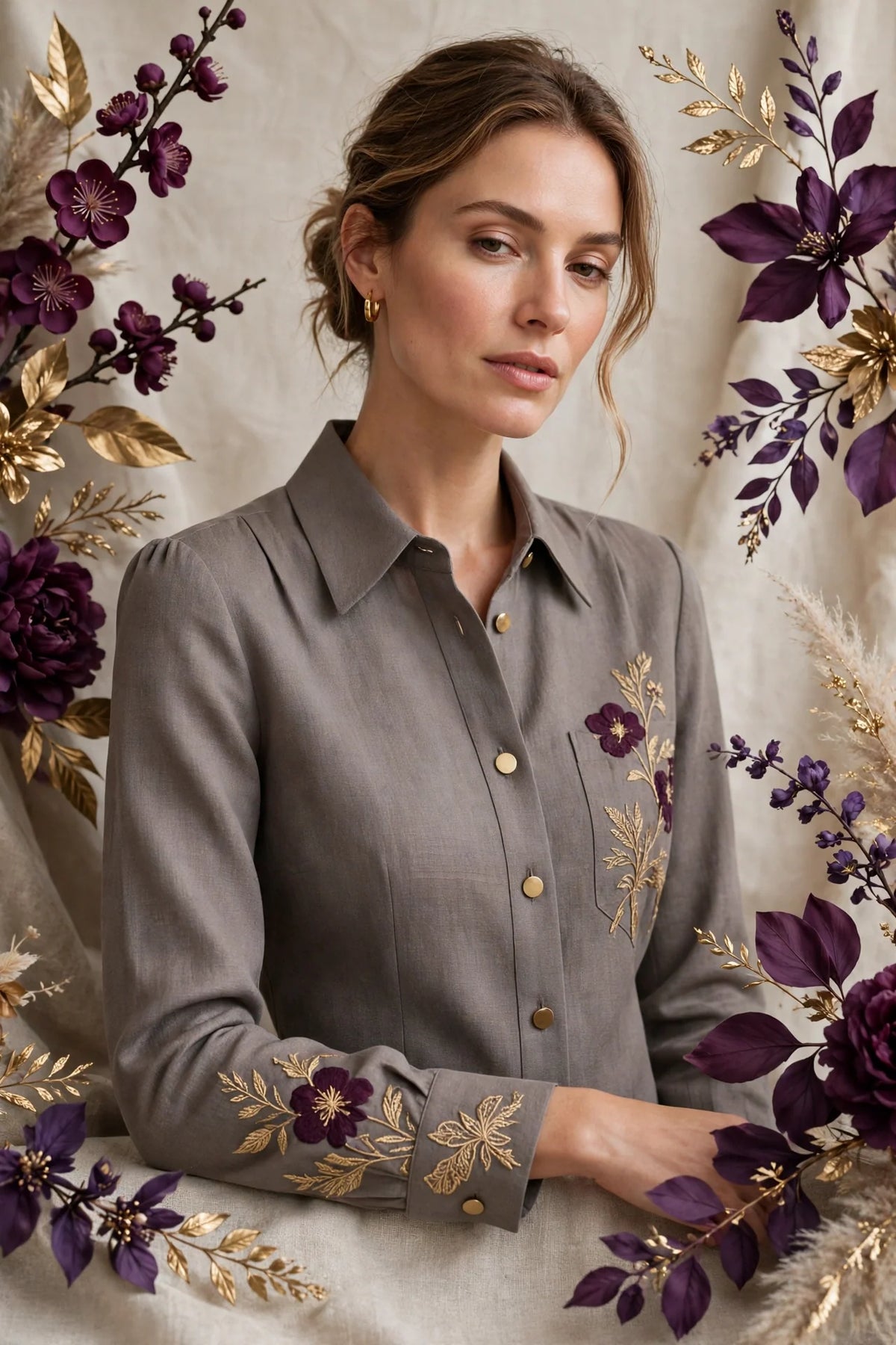 Person wearing Grey Warm sand tailored blouse
