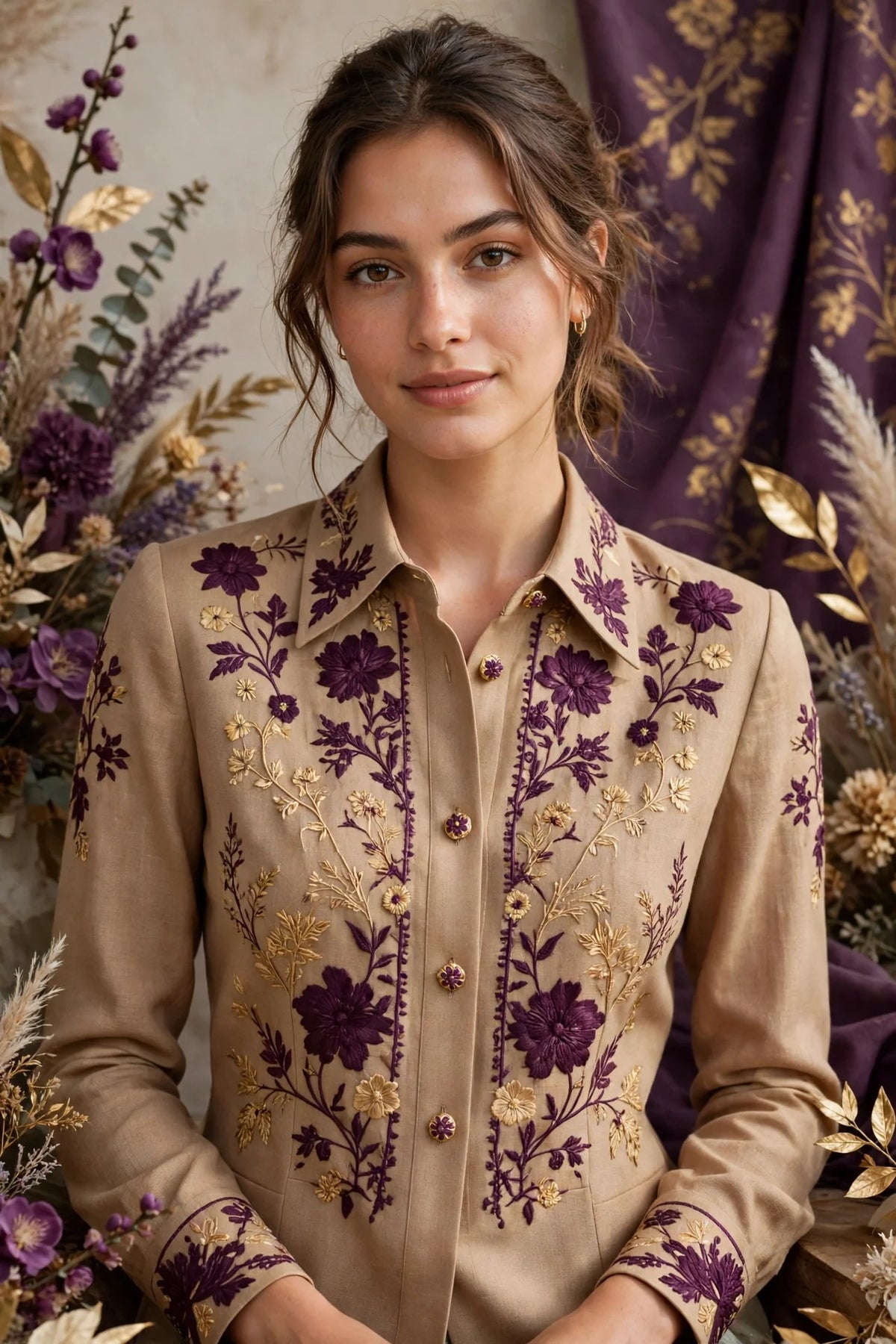 Person wearing Purple Warm sand tailored blouse