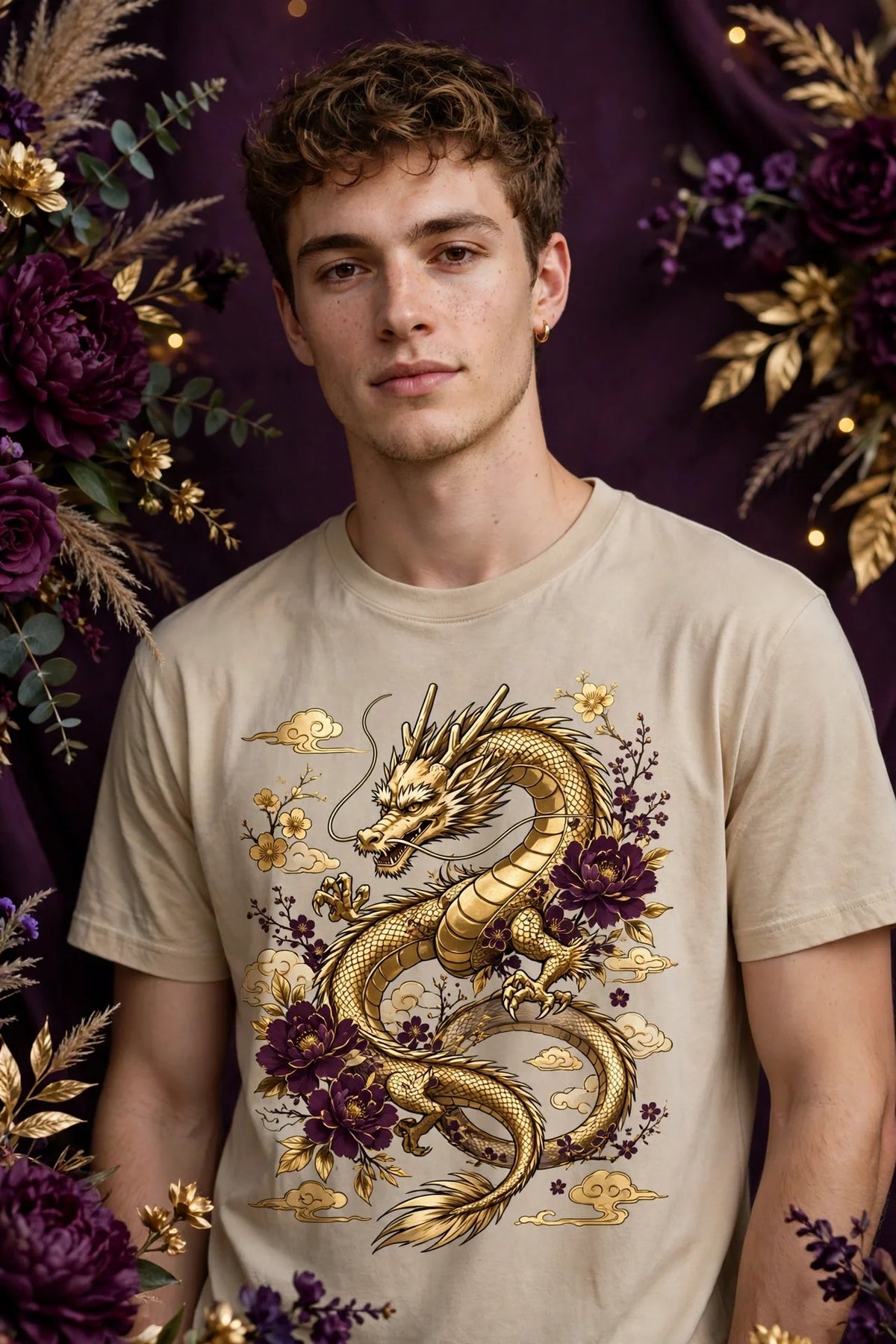 Person wearing Beige Anime Golden Dragon T-Shirt