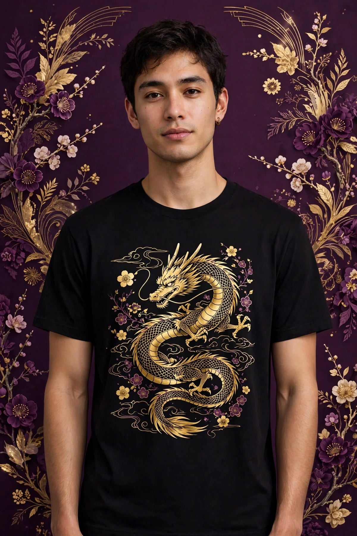 Person wearing Black Anime Golden Dragon T-Shirt