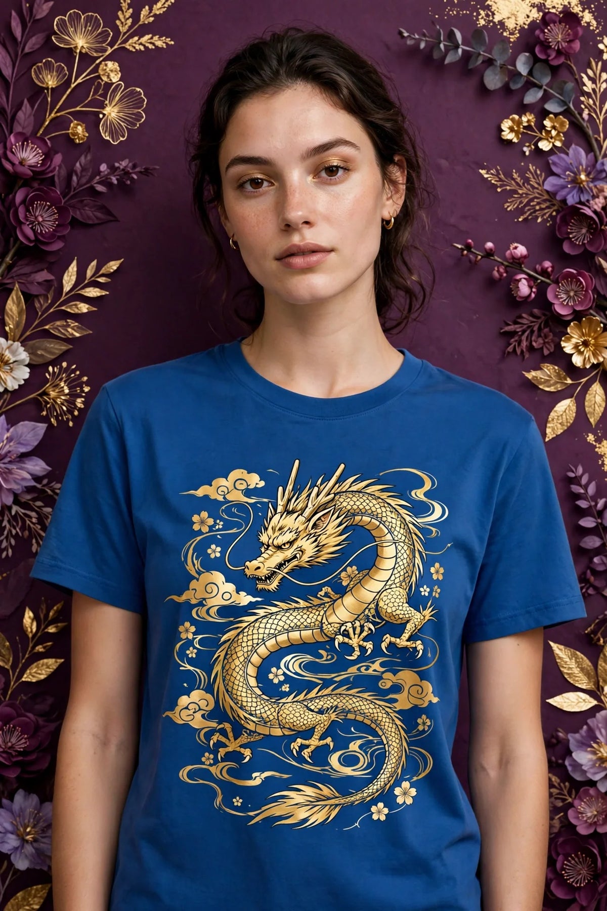 Person wearing Blue Anime Golden Dragon T-Shirt