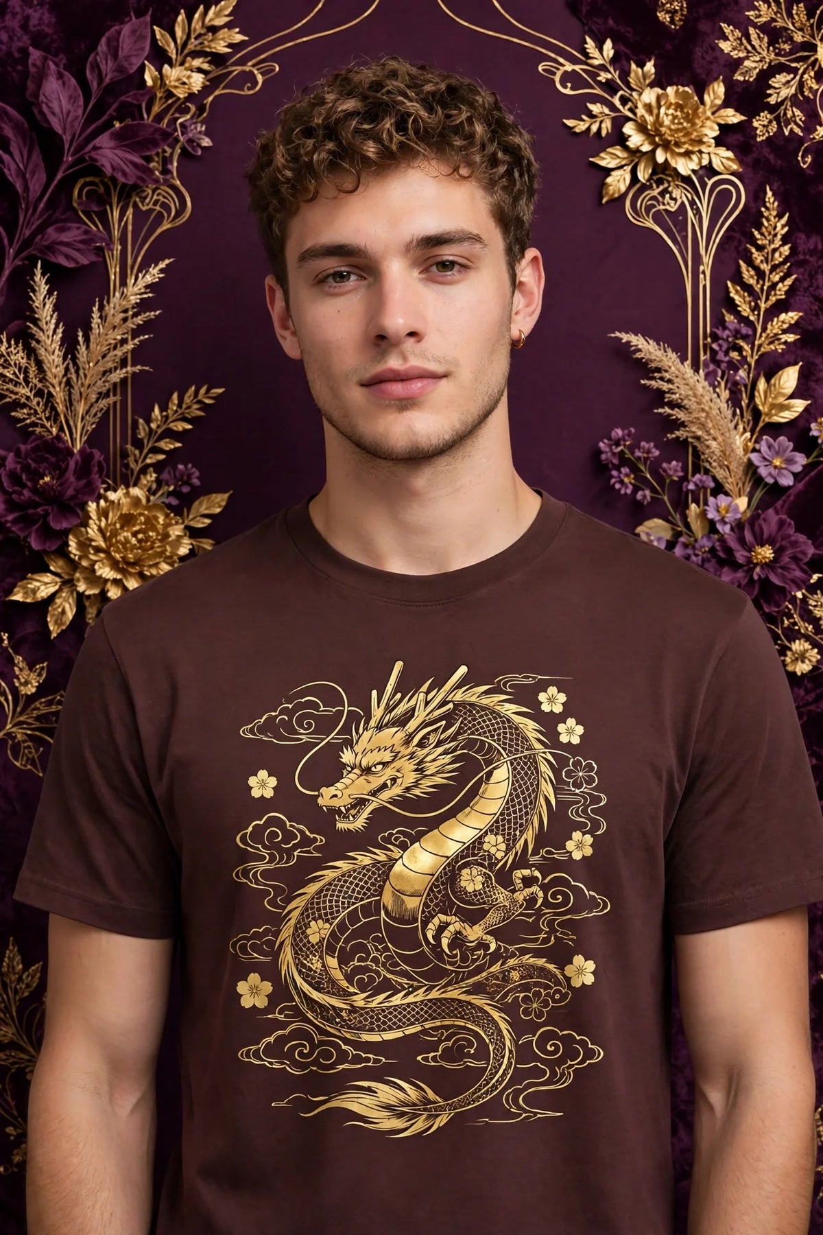 Person wearing Brown Anime Golden Dragon T-Shirt