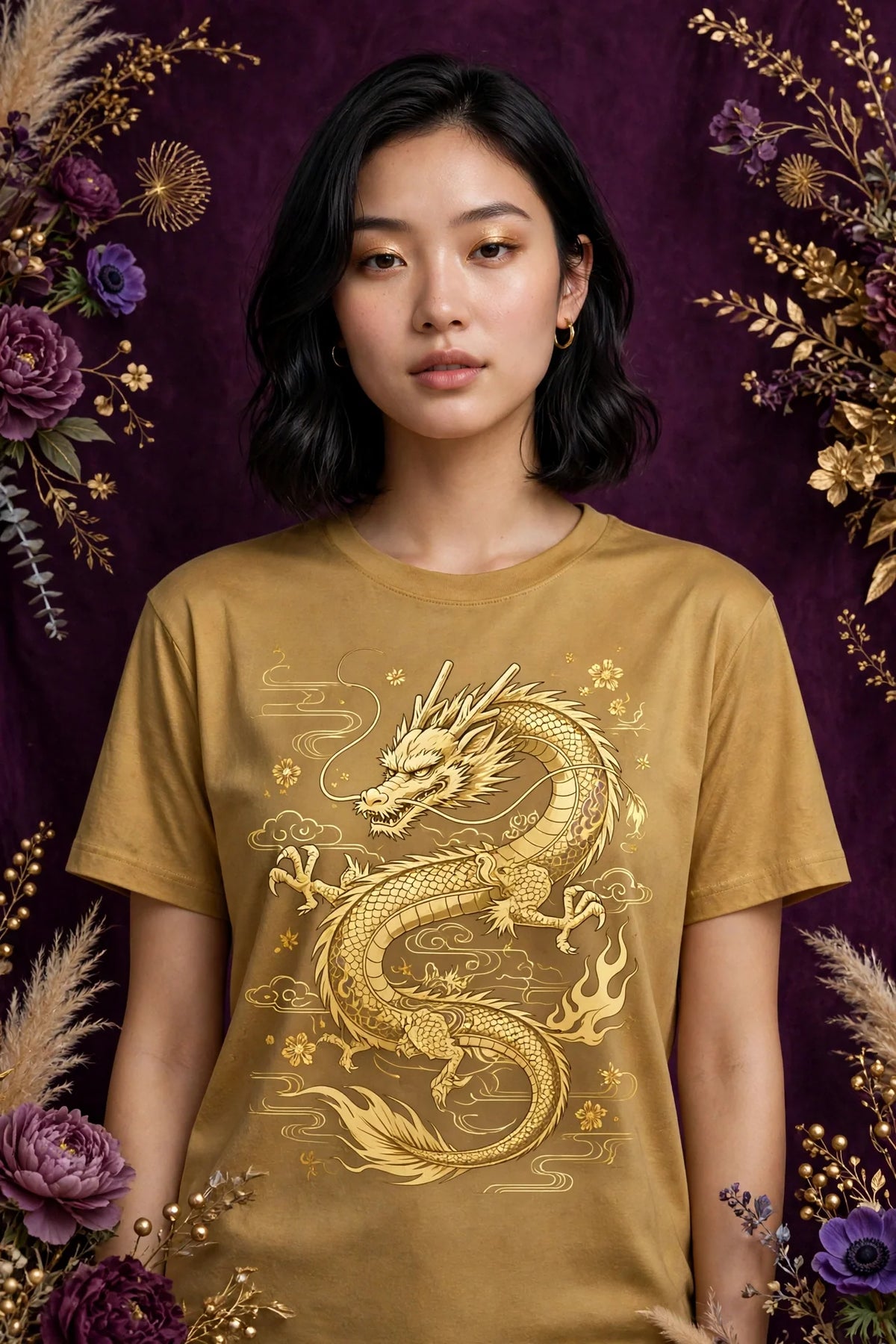 Person wearing Gold Anime Golden Dragon T-Shirt