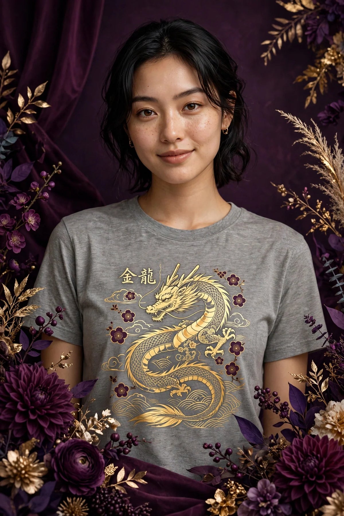 Person wearing Grey Anime Golden Dragon T-Shirt