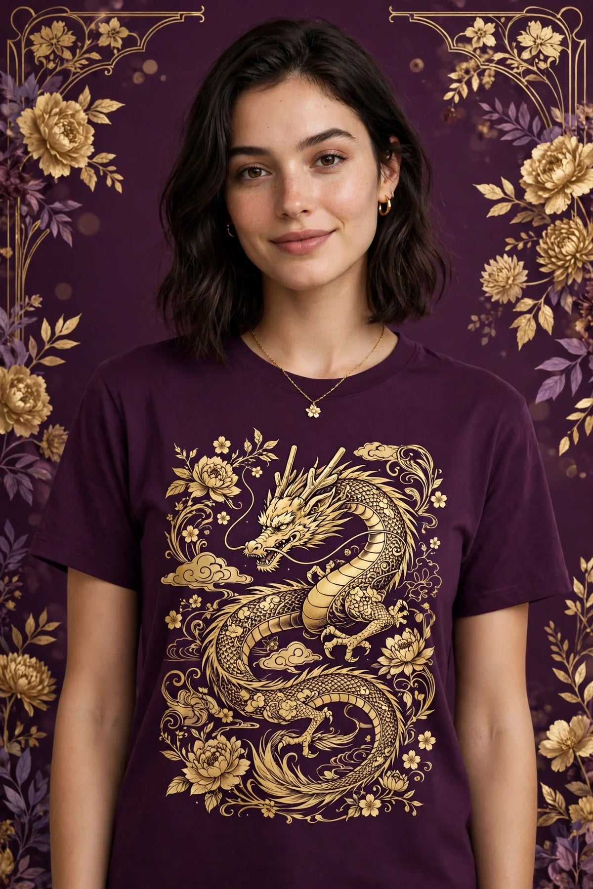 Person wearing Purple Anime Golden Dragon T-Shirt