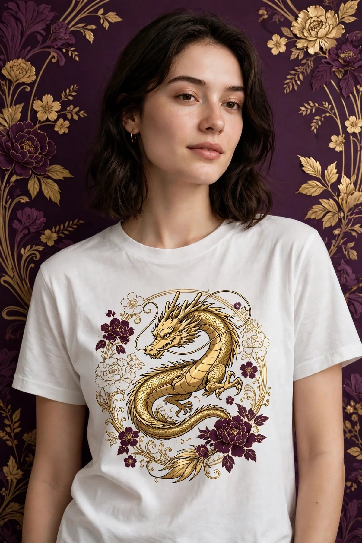 Person wearing White Anime Golden Dragon T-Shirt