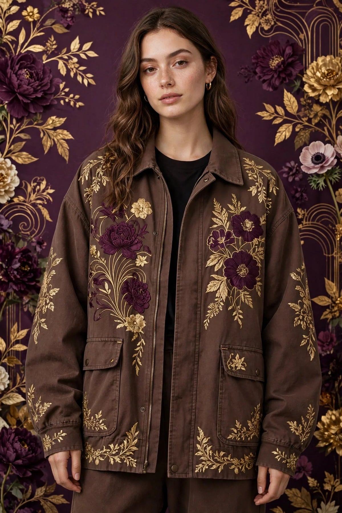 Person wearing Brown Oversized Fit Streetwear Jacket