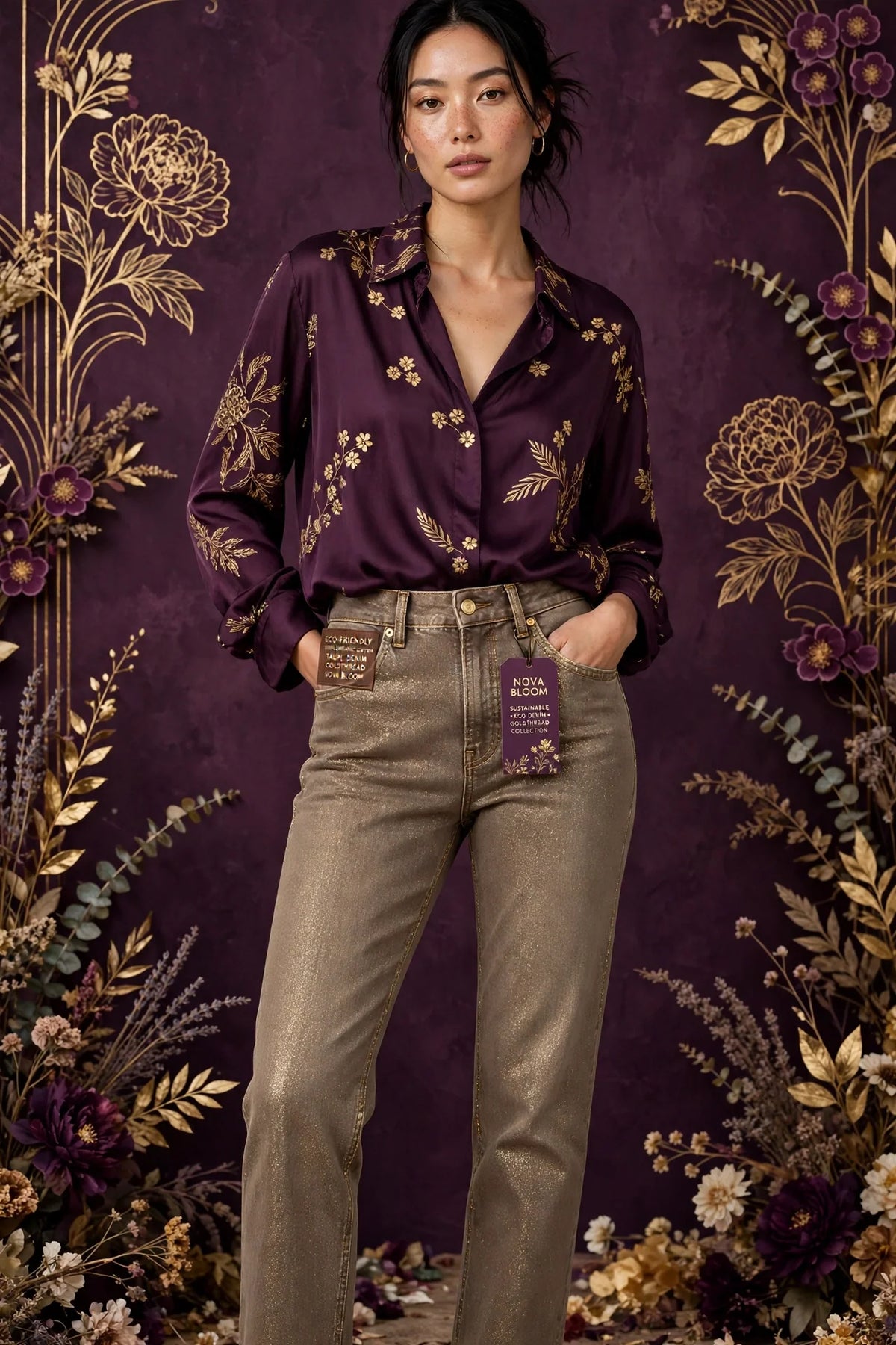 Person wearing Gold Eco-friendly Taupe Denim Jeans