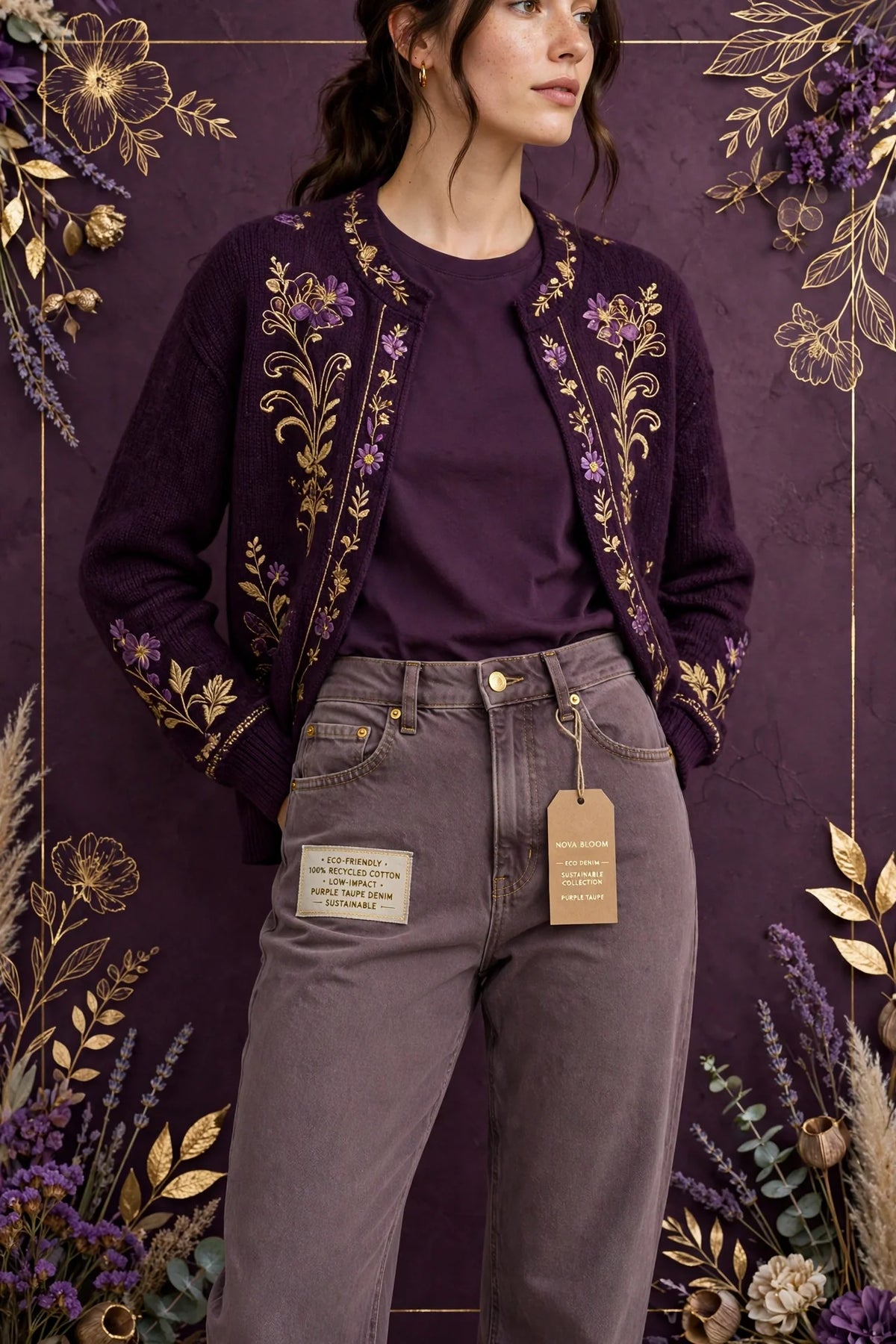 Person wearing Purple Eco-friendly Taupe Denim Jeans