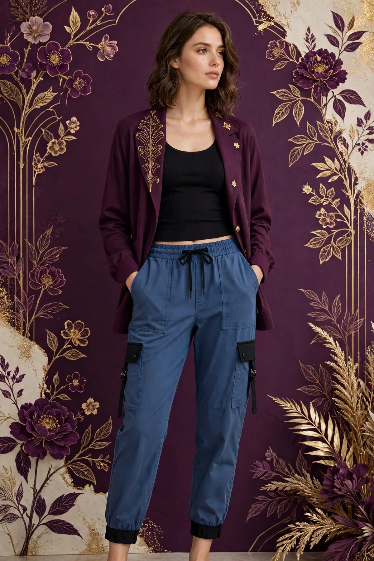 Woman wearing Blue Women's Black Cargo Joggers
