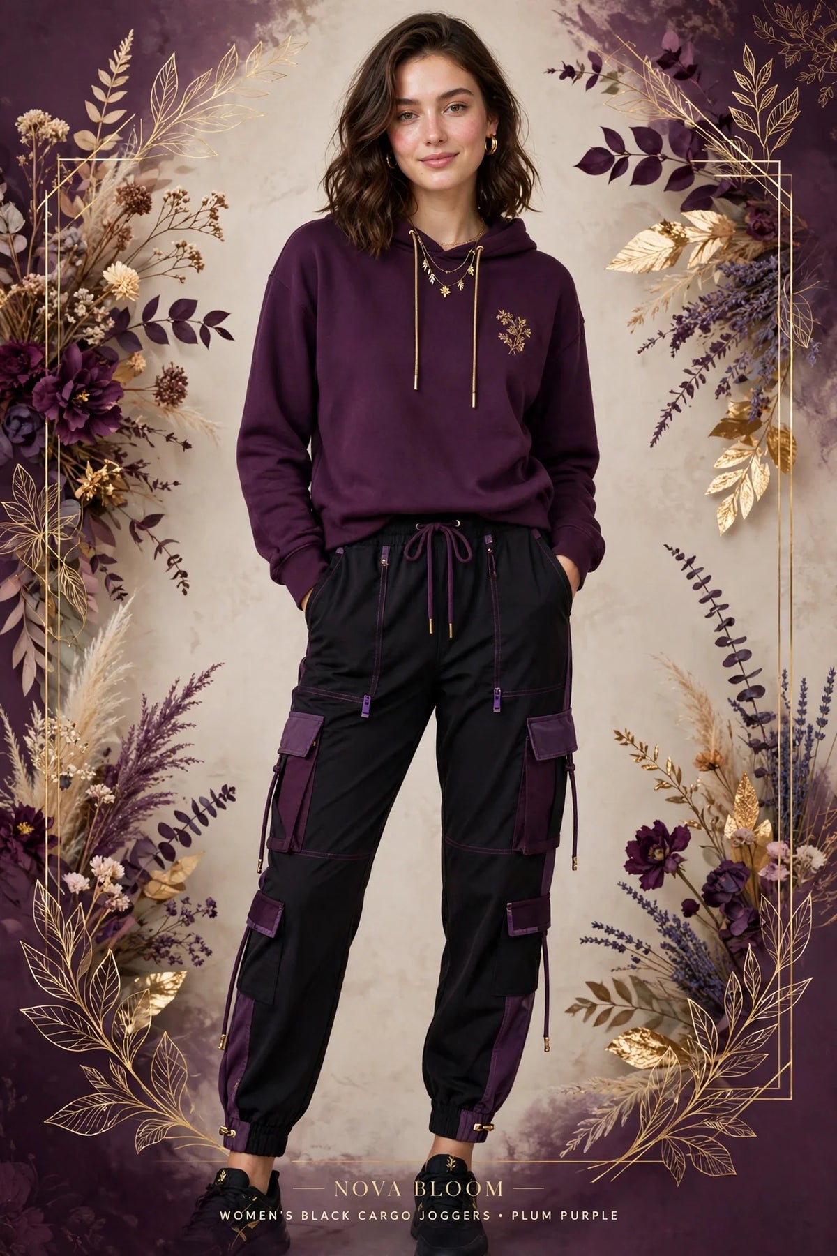 Woman wearing Purple Women's Black Cargo Joggers
