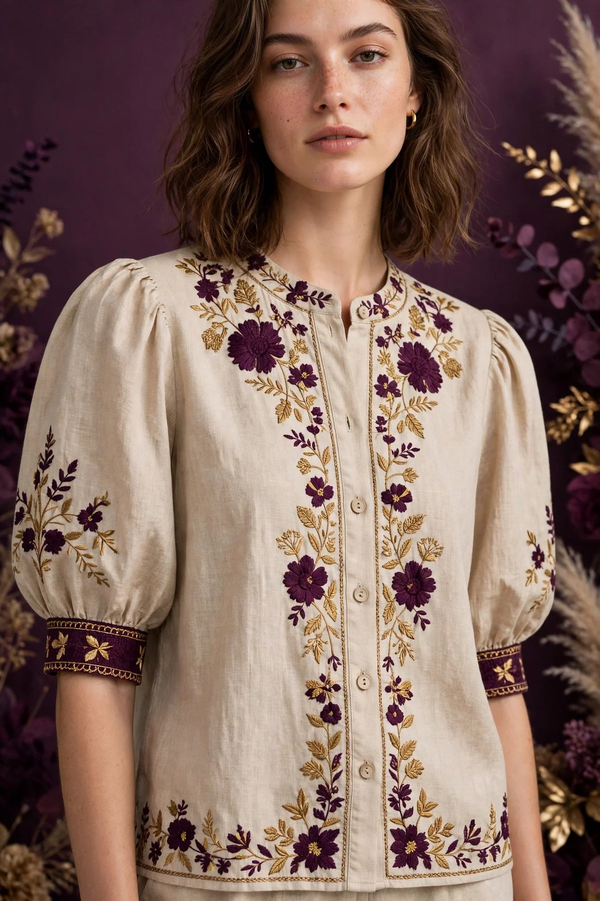 Person wearing Beige Puff Sleeve Linen Blend Top