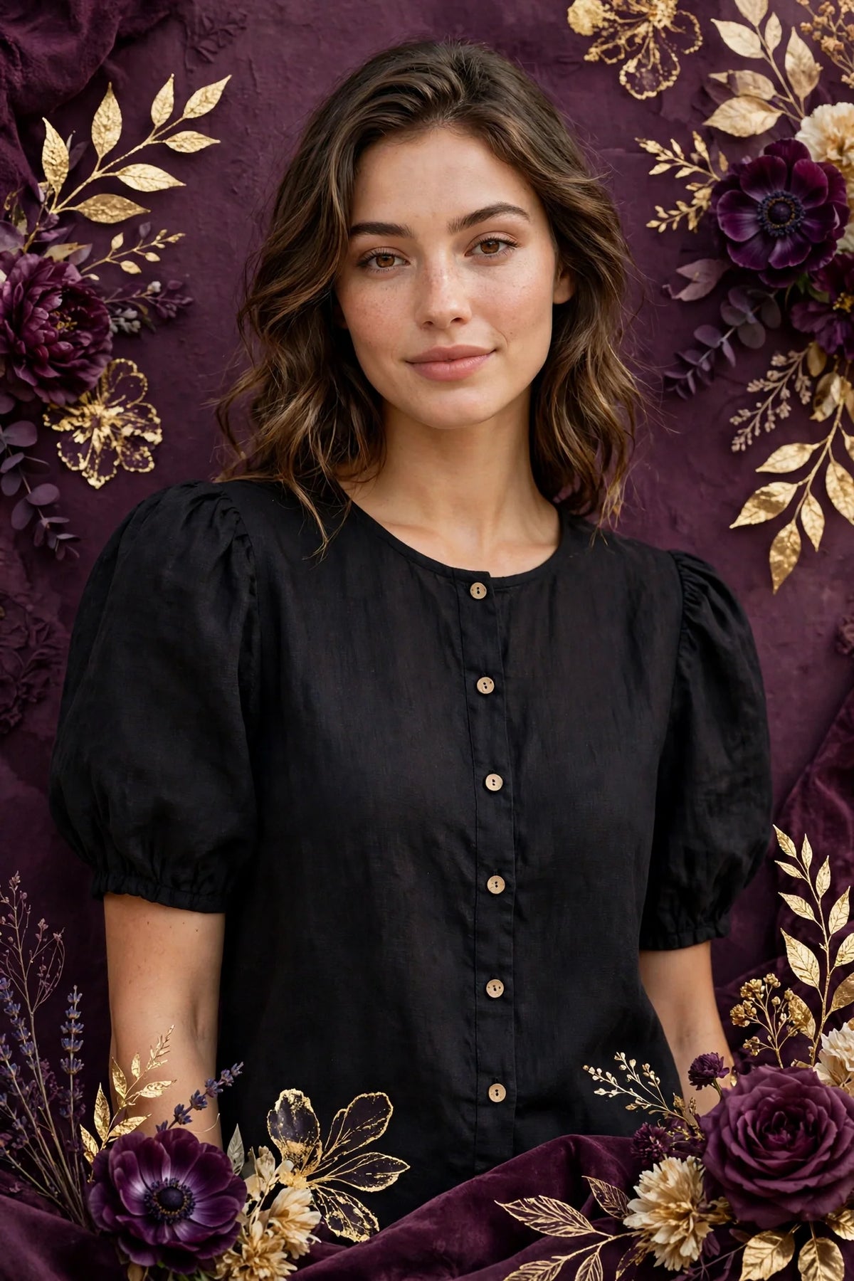 Person wearing Black Puff Sleeve Linen Blend Top