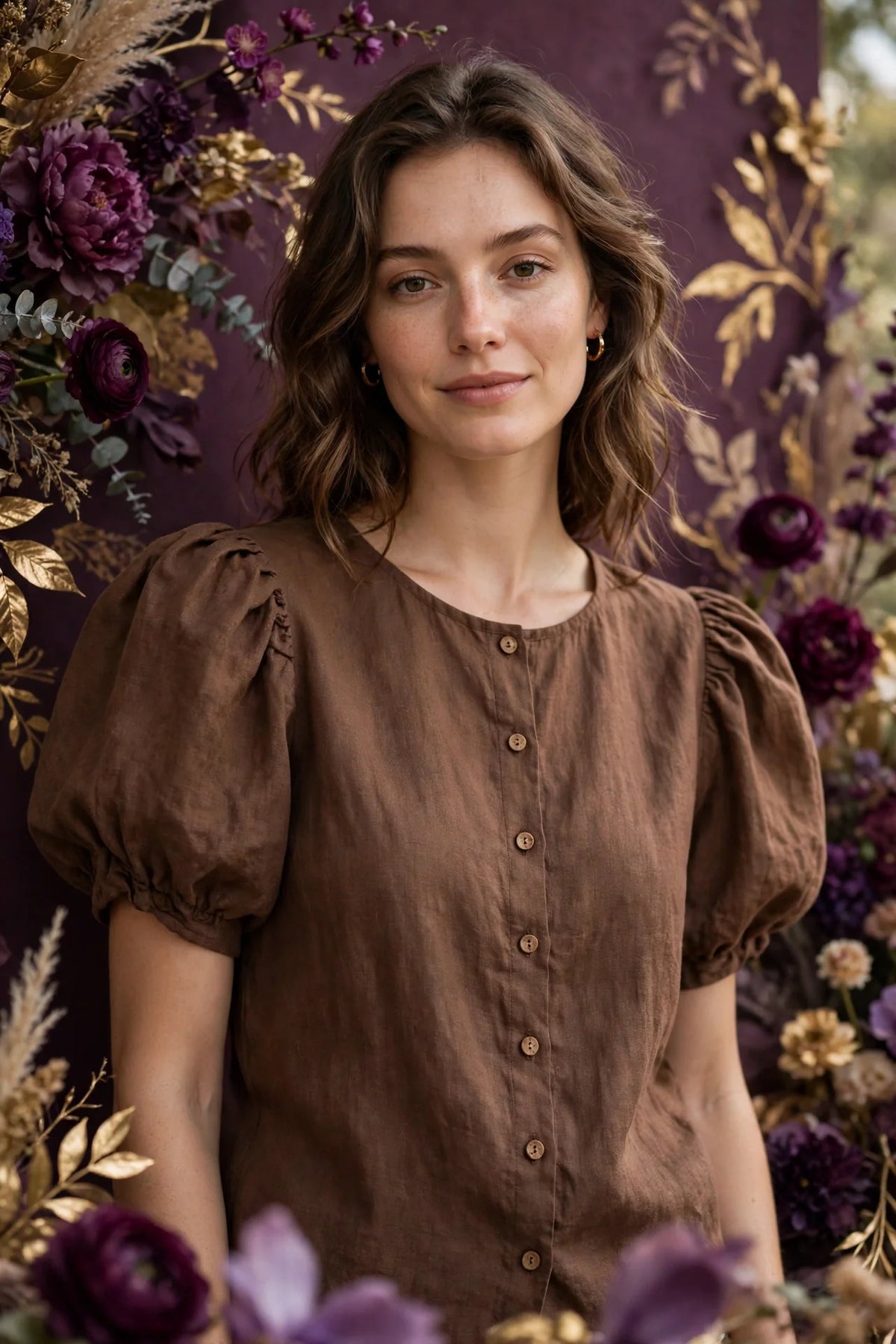 Person wearing Brown Puff Sleeve Linen Blend Top