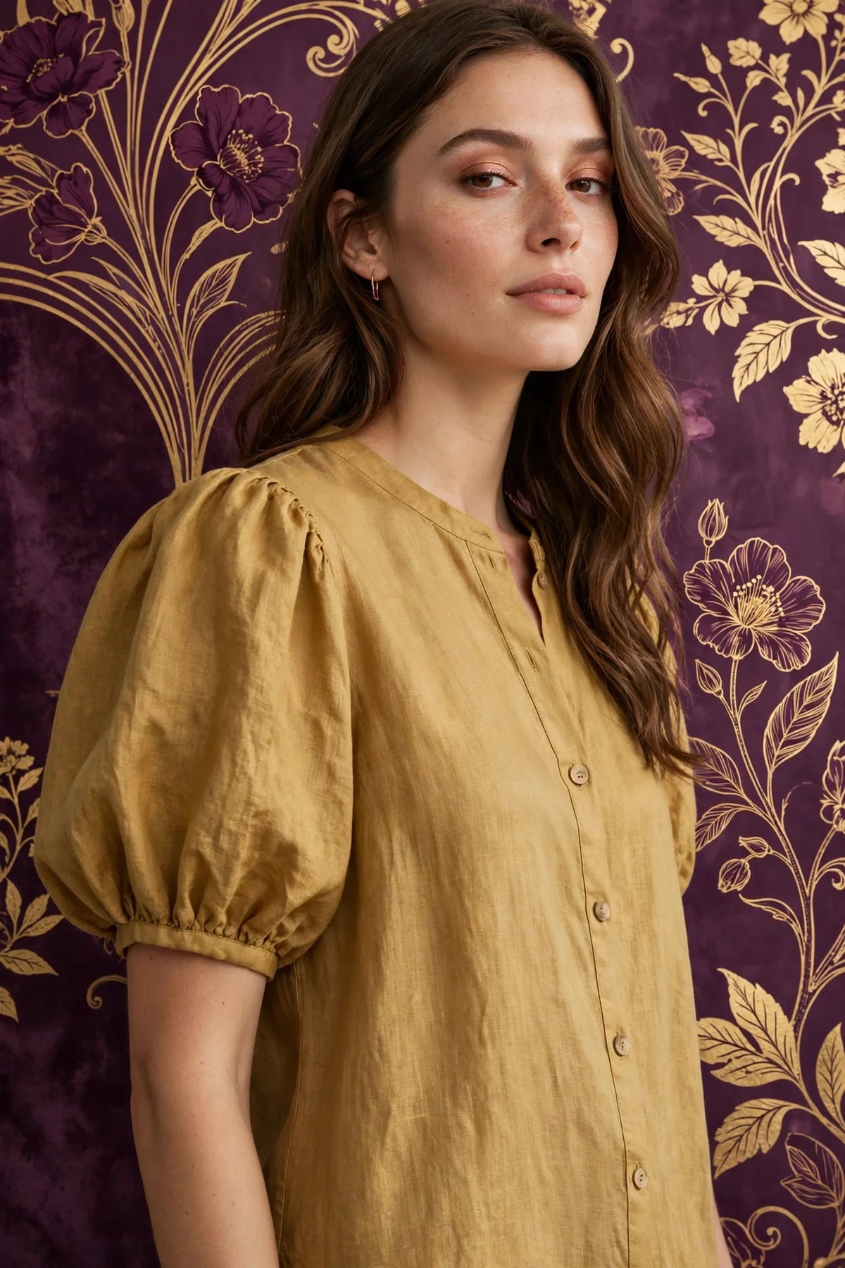 Person wearing Gold Puff Sleeve Linen Blend Top