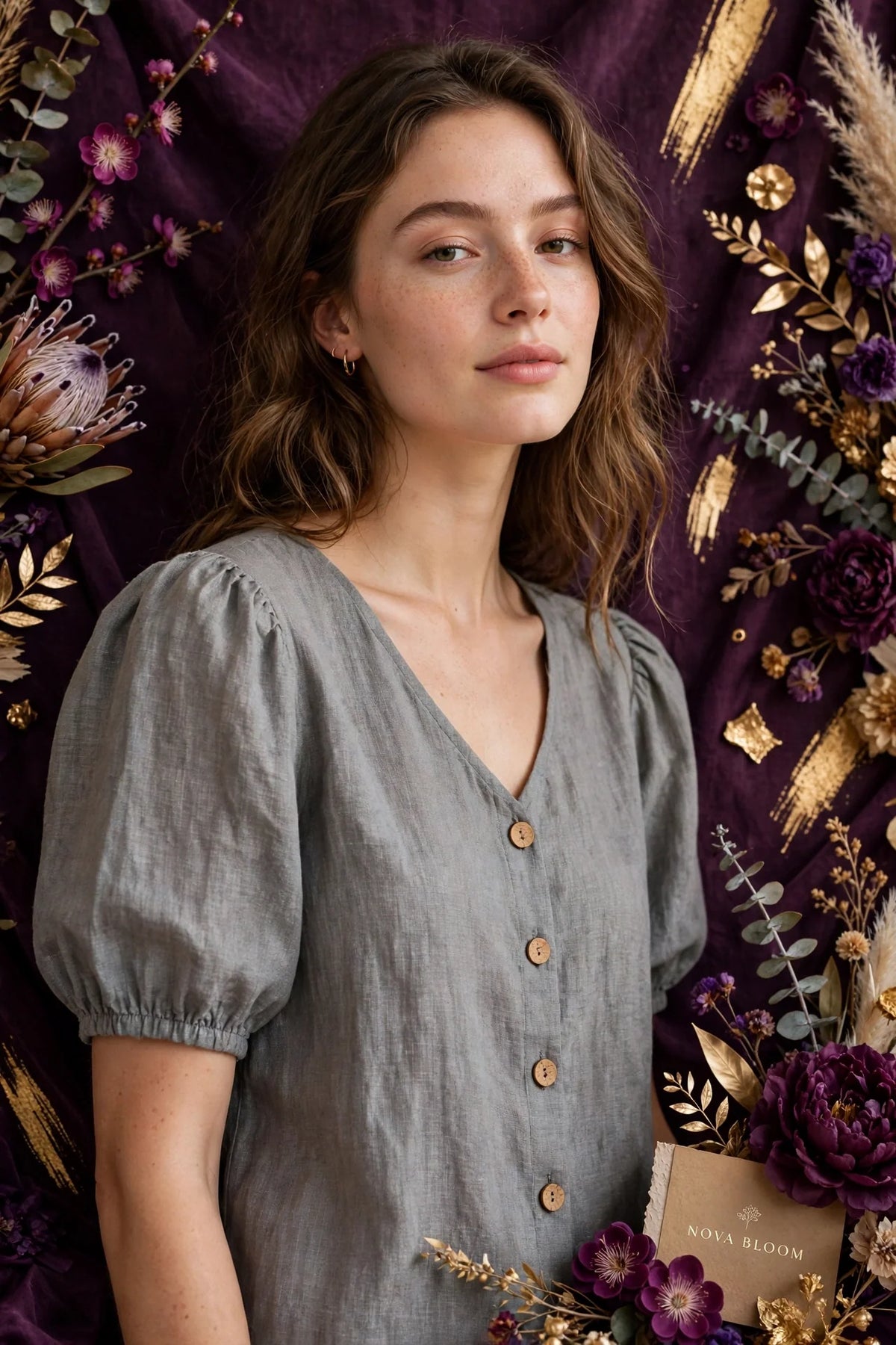 Person wearing Grey Puff Sleeve Linen Blend Top
