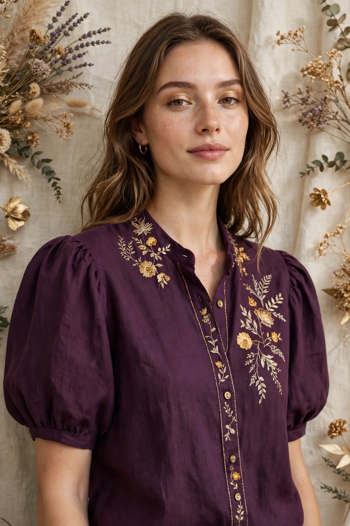 Person wearing Purple Puff Sleeve Linen Blend Top