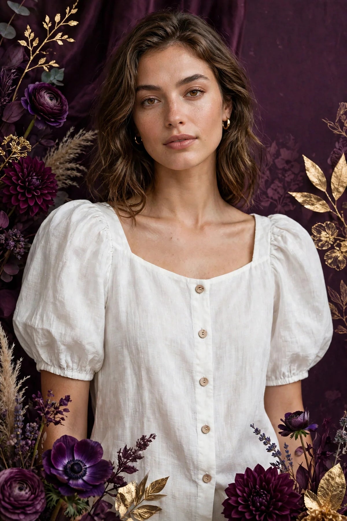 Person wearing White Puff Sleeve Linen Blend Top