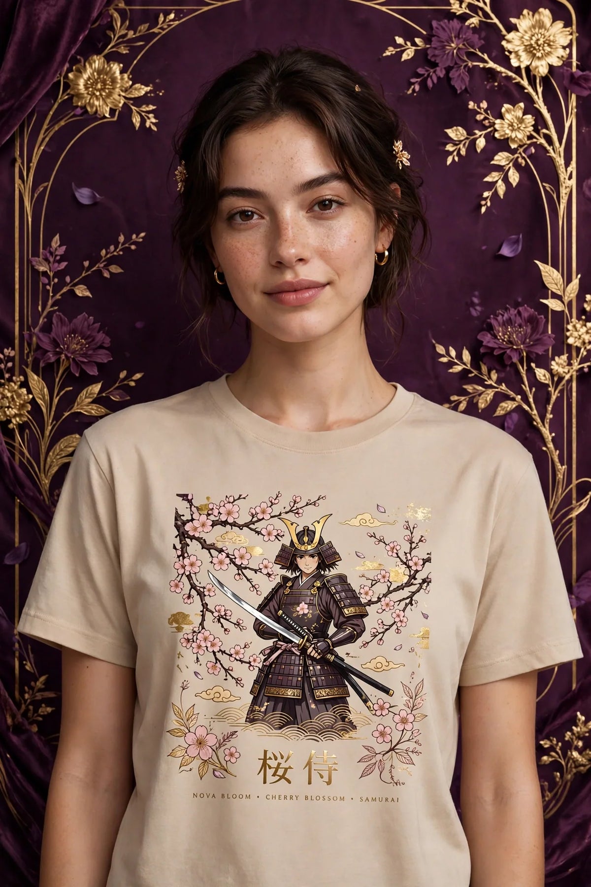 Person wearing Beige Anime Cherry Blossom Samurai T-Shirt