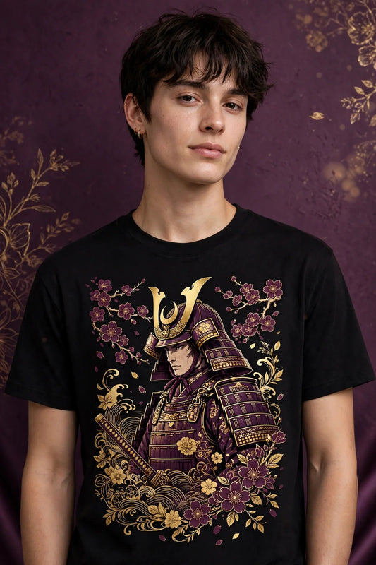 Person wearing Black Anime Cherry Blossom Samurai T-Shirt