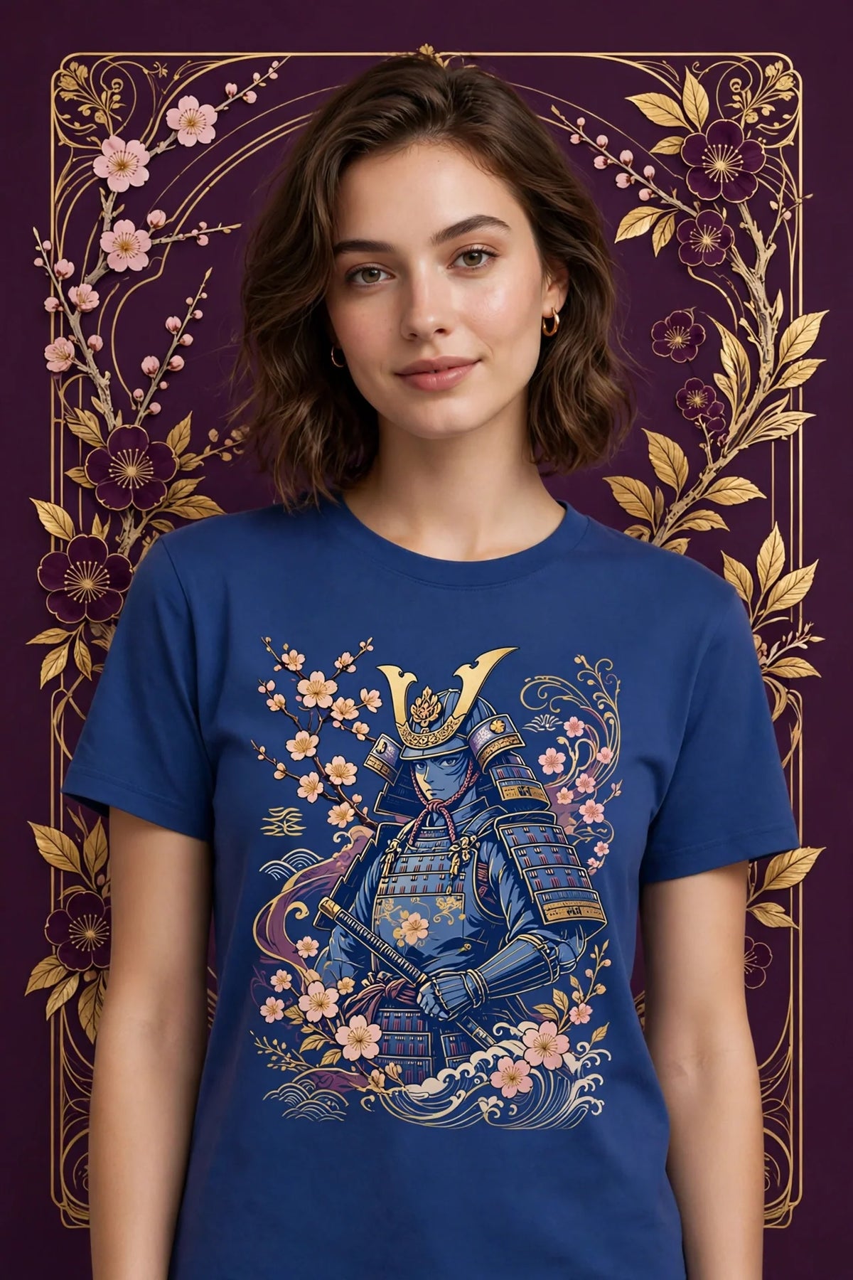 Person wearing Blue Anime Cherry Blossom Samurai T-Shirt