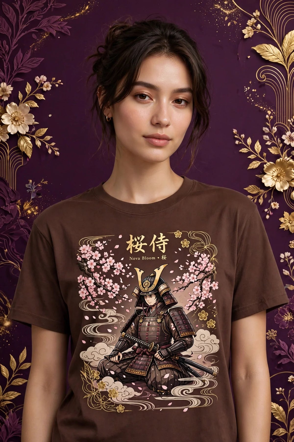 Person wearing Brown Anime Cherry Blossom Samurai T-Shirt