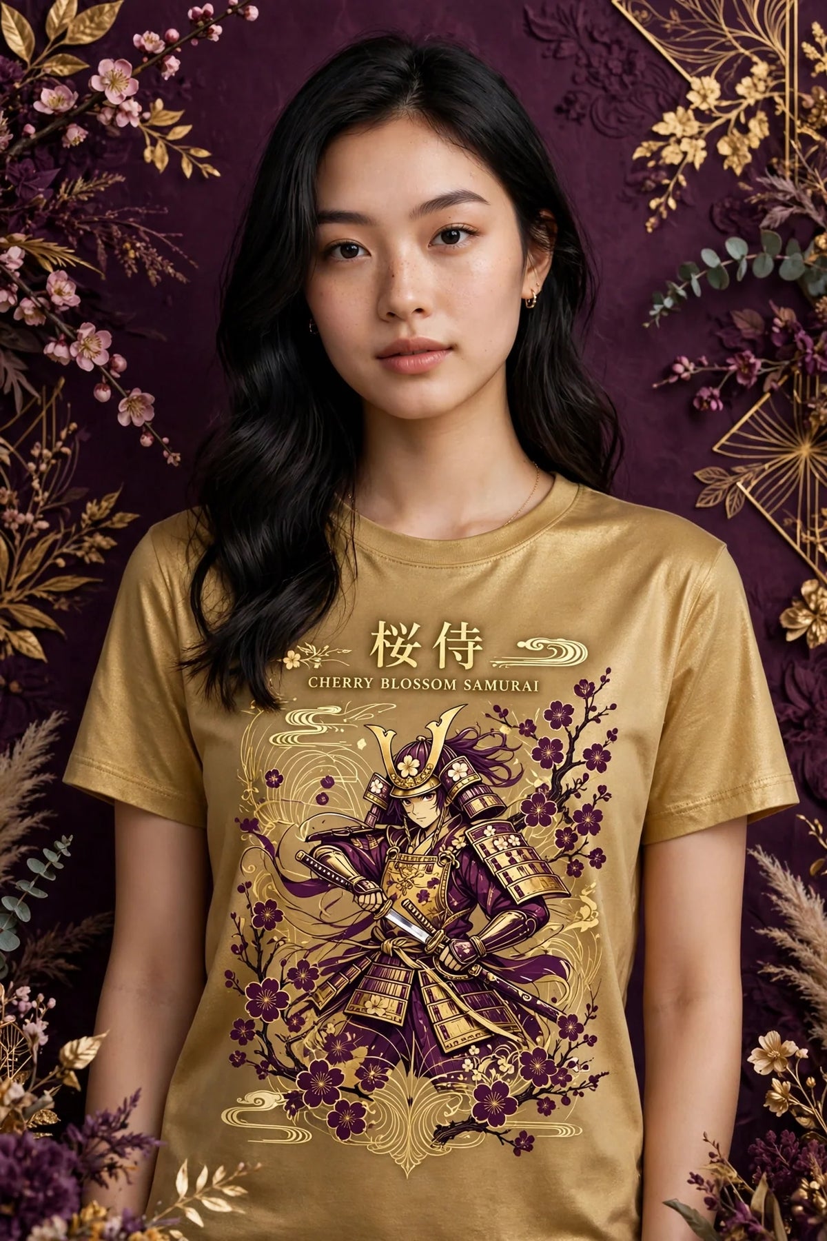 Person wearing Gold Anime Cherry Blossom Samurai T-Shirt