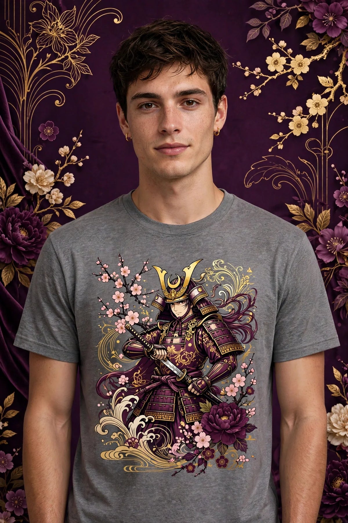 Person wearing Grey Anime Cherry Blossom Samurai T-Shirt