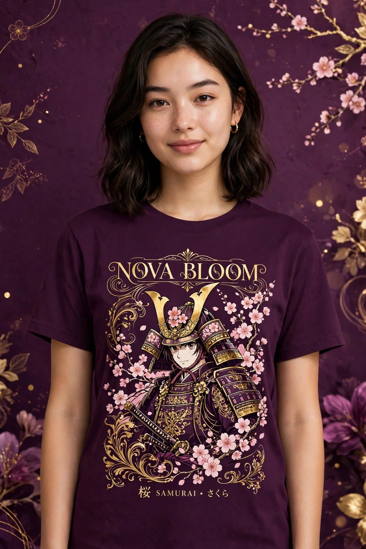 Person wearing Purple Anime Cherry Blossom Samurai T-Shirt