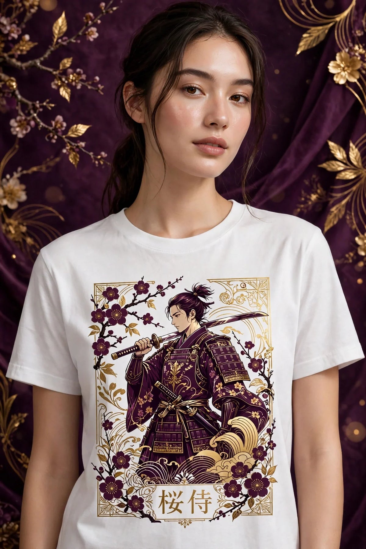 Person wearing White Anime Cherry Blossom Samurai T-Shirt
