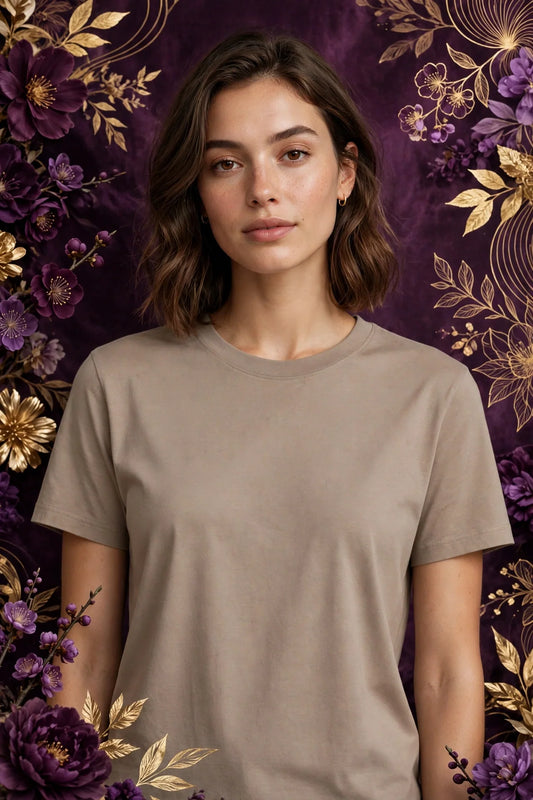 Person wearing Beige Taupe Crewneck T-Shirt