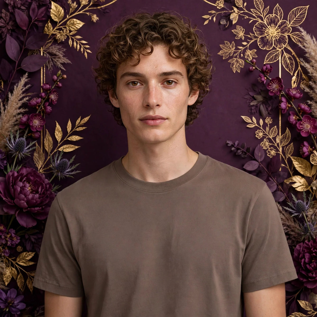 Person wearing Brown Taupe Crewneck T-Shirt