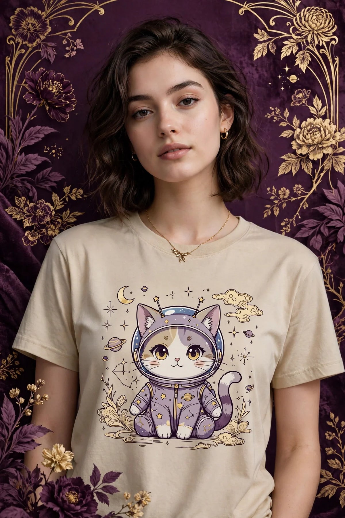 Person wearing Beige Anime Space Cat T-Shirt