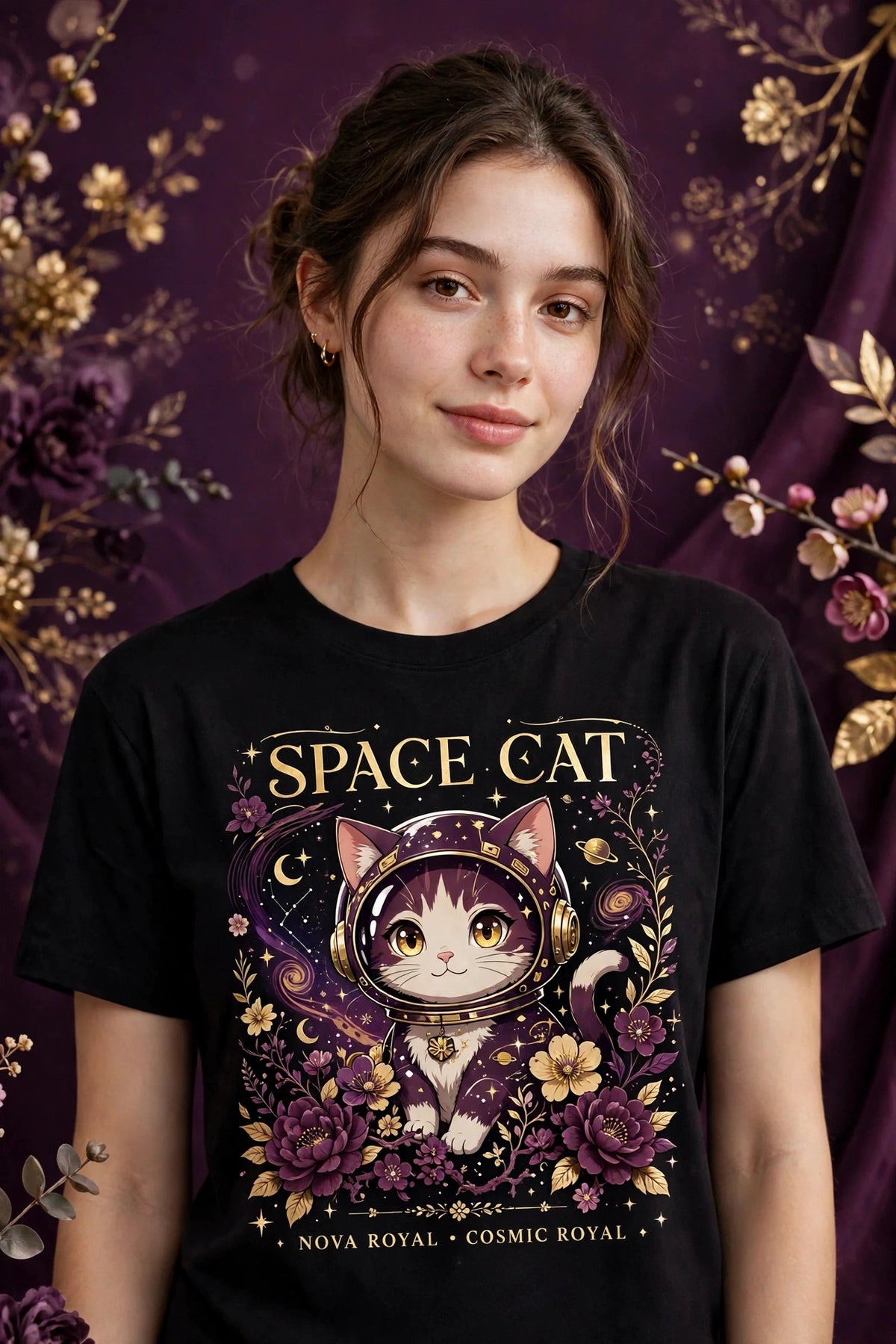 Person wearing Black Anime Space Cat T-Shirt