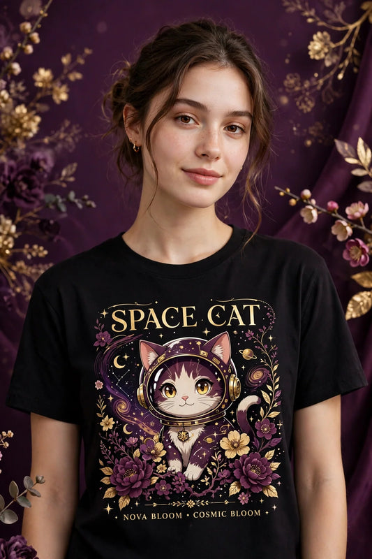 Person wearing Black Anime Space Cat T-Shirt
