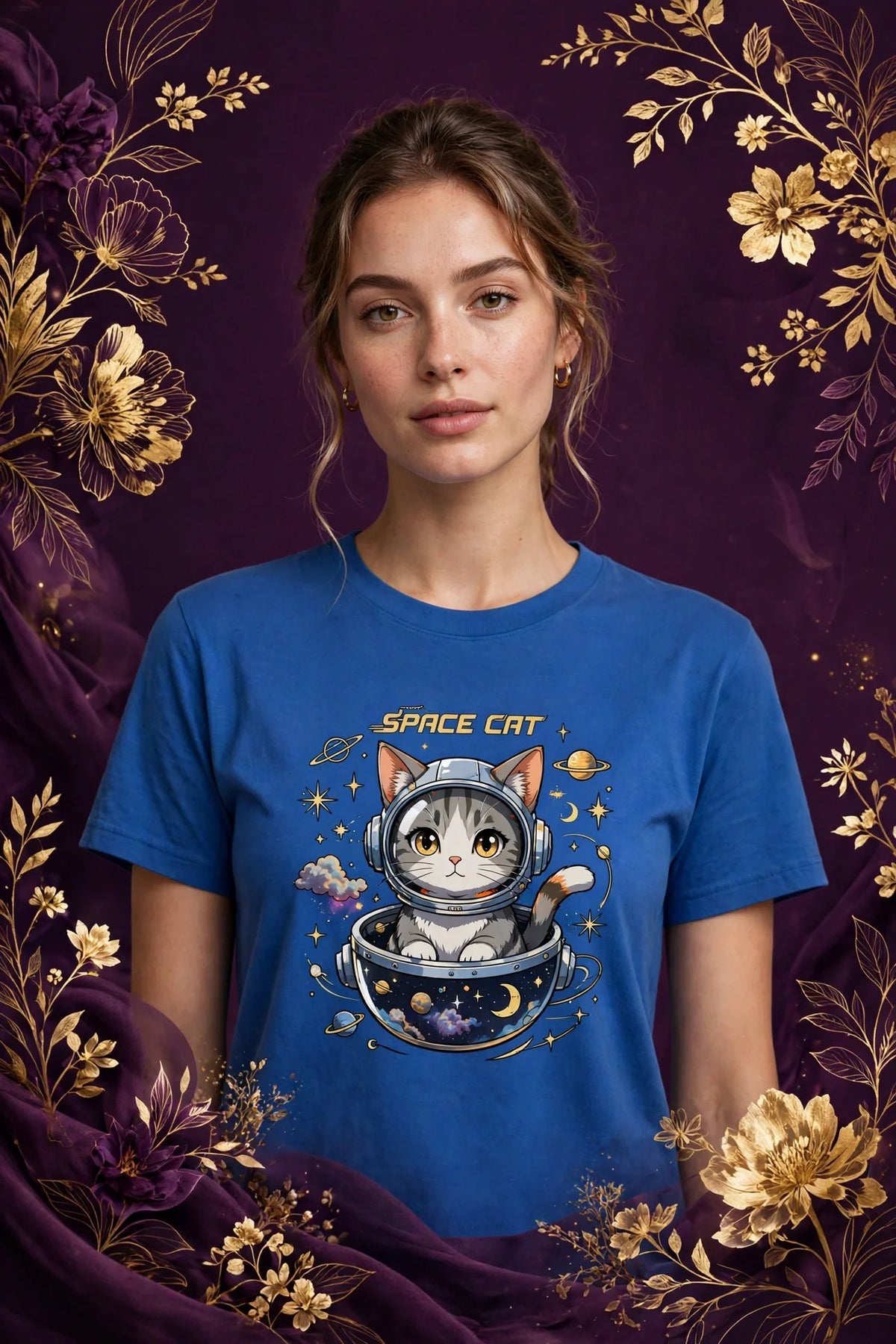 Person wearing Blue Anime Space Cat T-Shirt