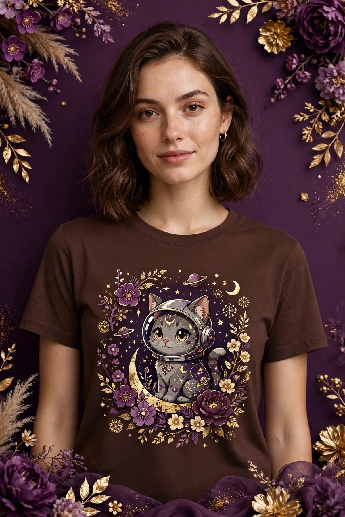 Person wearing Brown Anime Space Cat T-Shirt