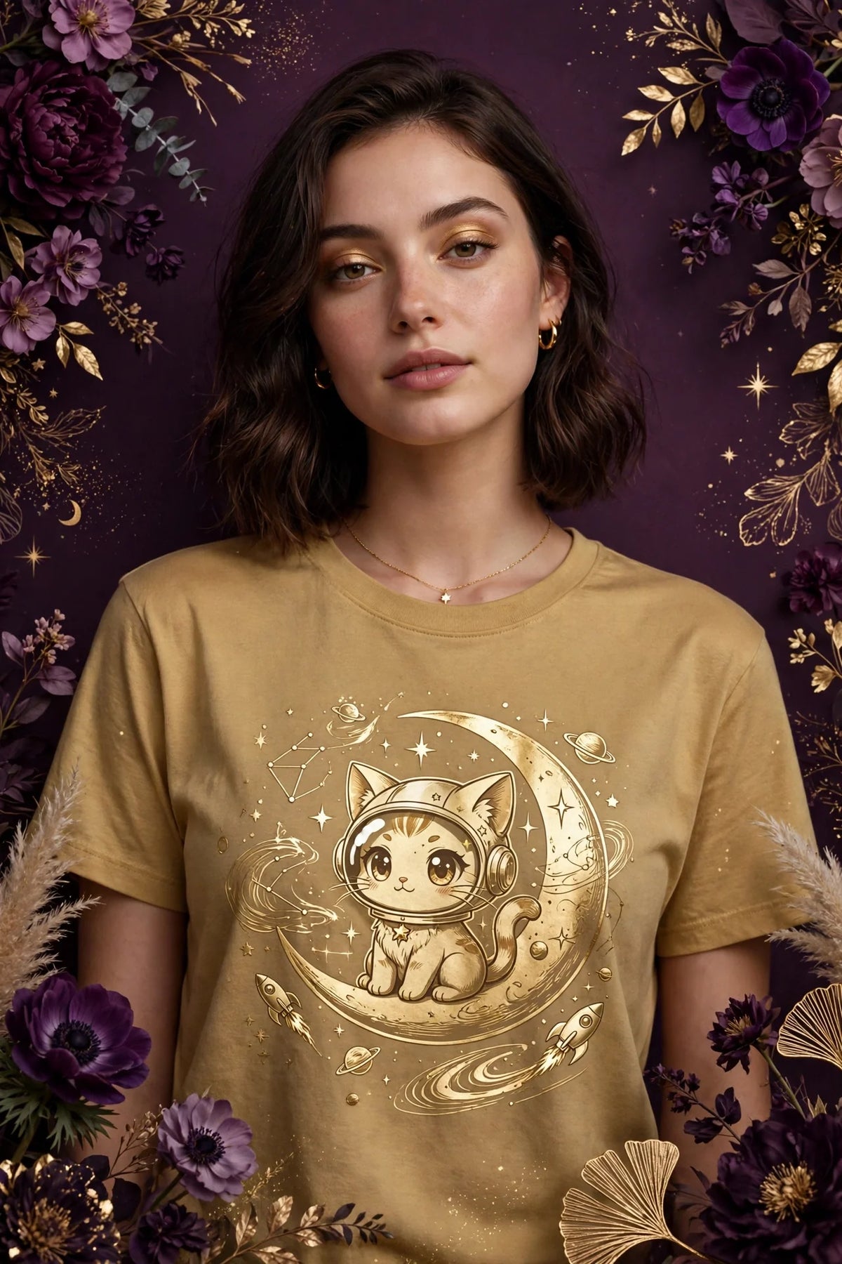 Person wearing Gold Anime Space Cat T-Shirt