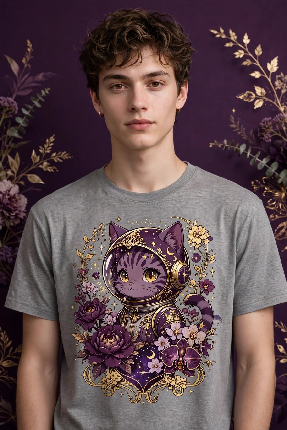Person wearing Grey Anime Space Cat T-Shirt