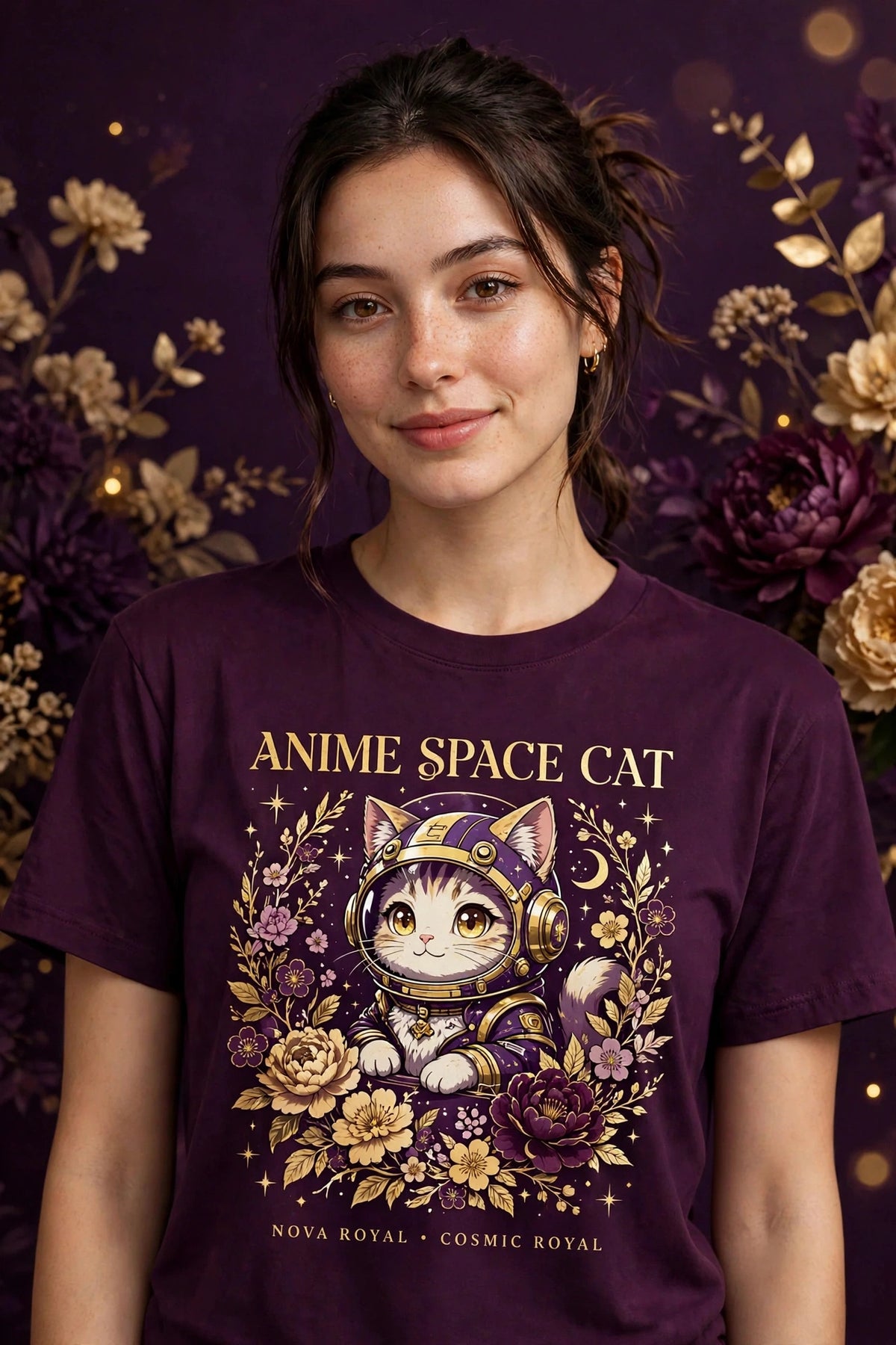 Person wearing Purple Anime Space Cat T-Shirt