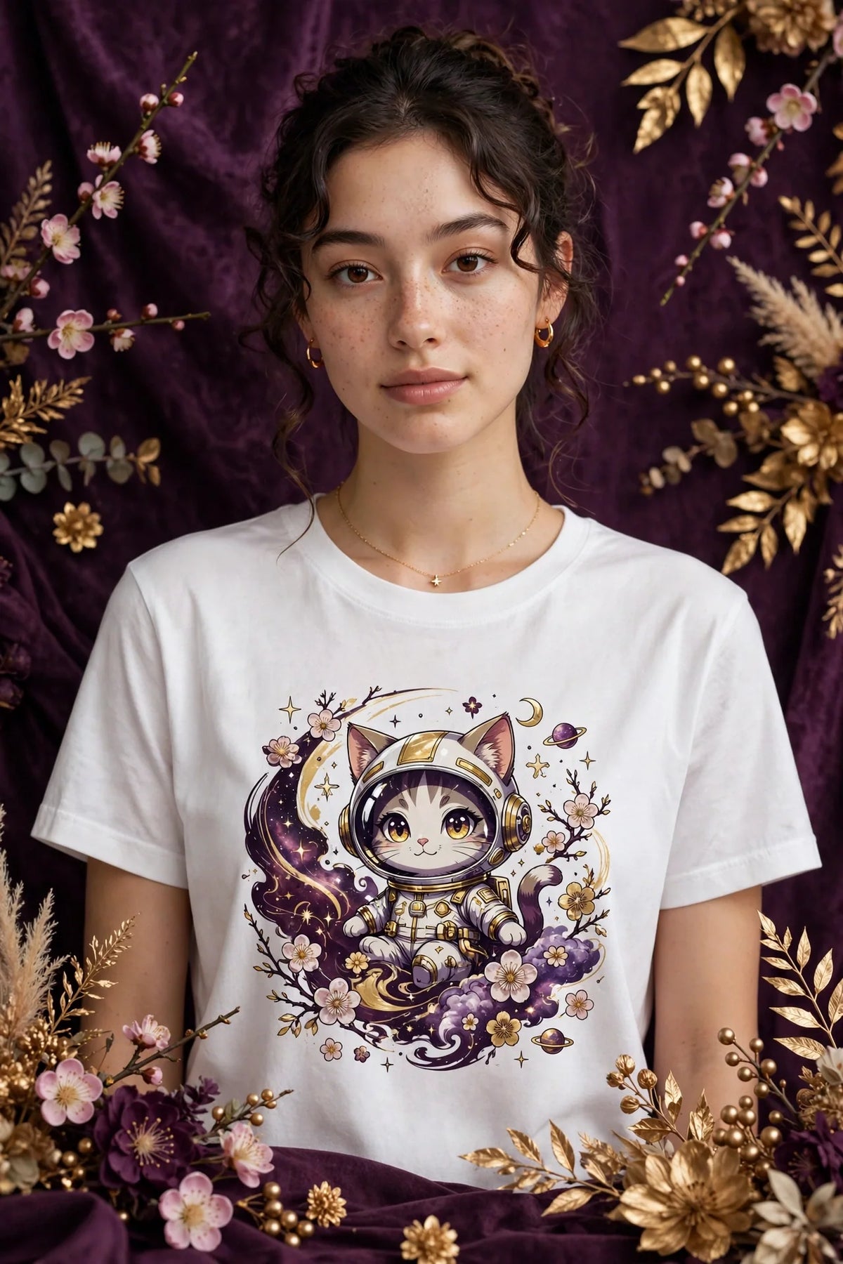 Person wearing White Anime Space Cat T-Shirt