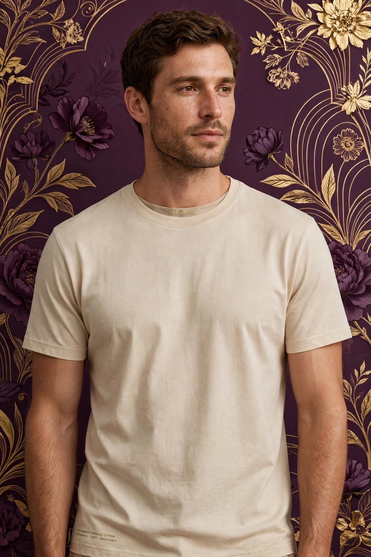 Man wearing Beige Mens Bamboo Organic Cotton T-Shirt