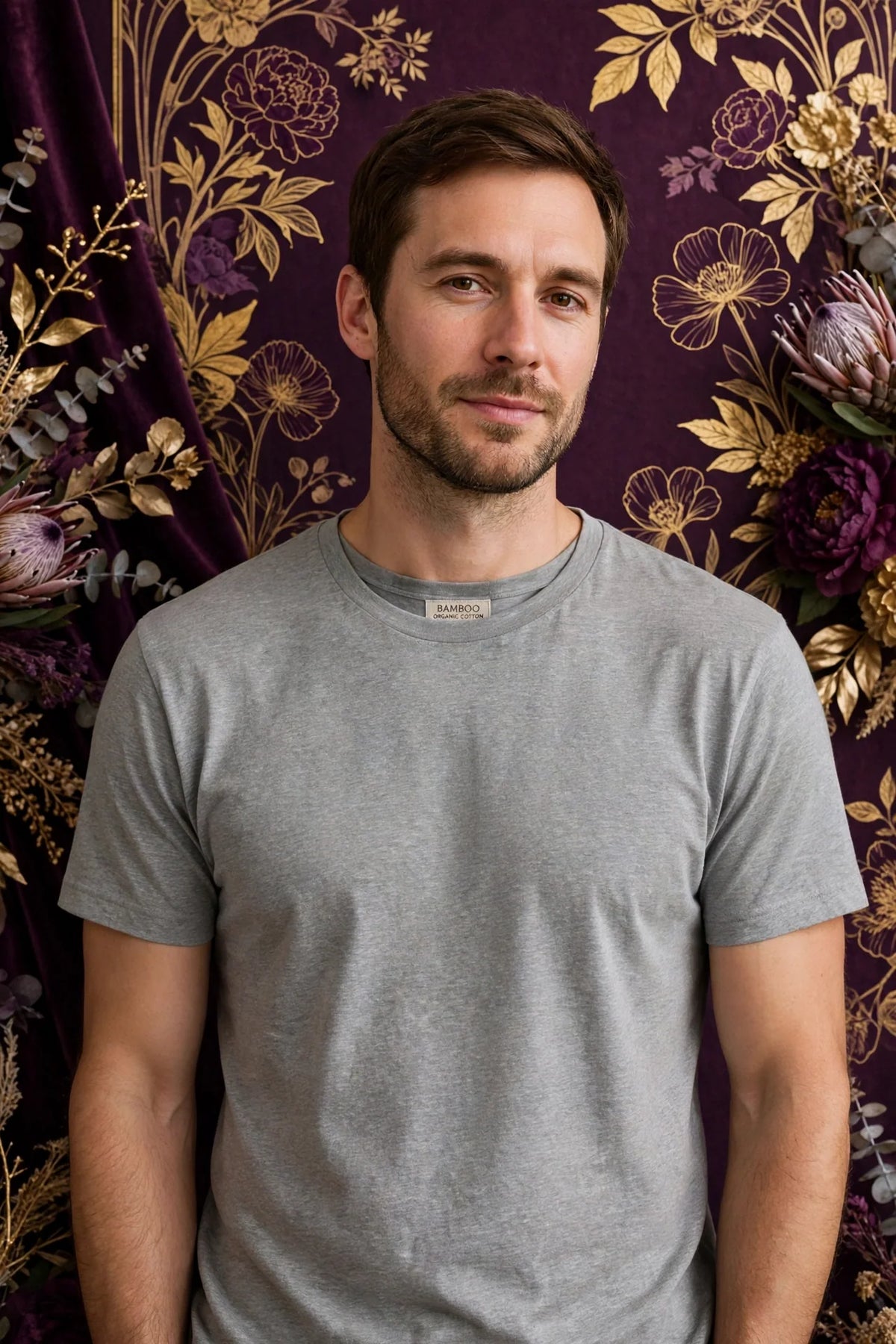 Man wearing Grey Mens Bamboo Organic Cotton T-Shirt