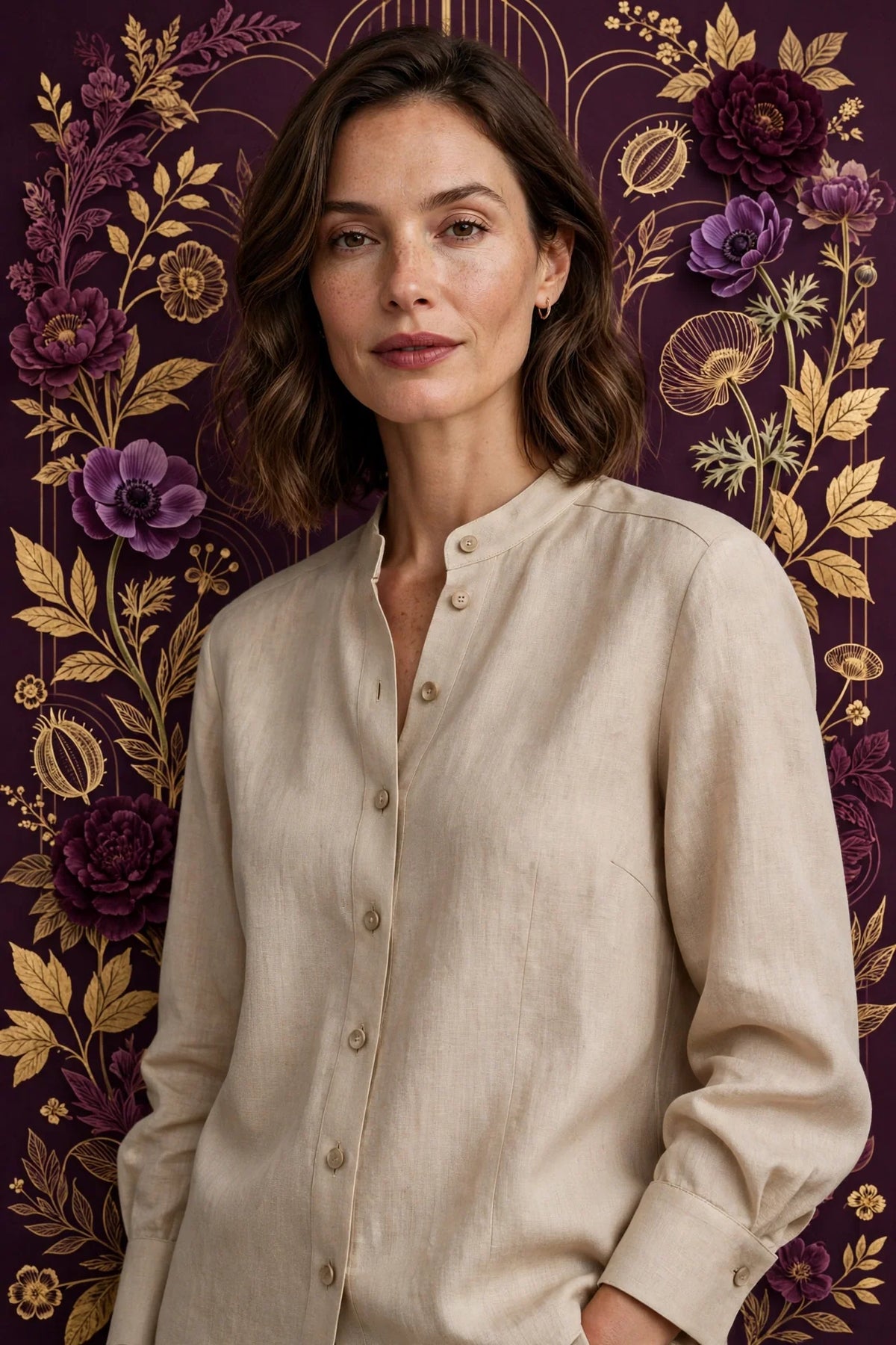 Person wearing Beige Structured Italian Linen Blouse